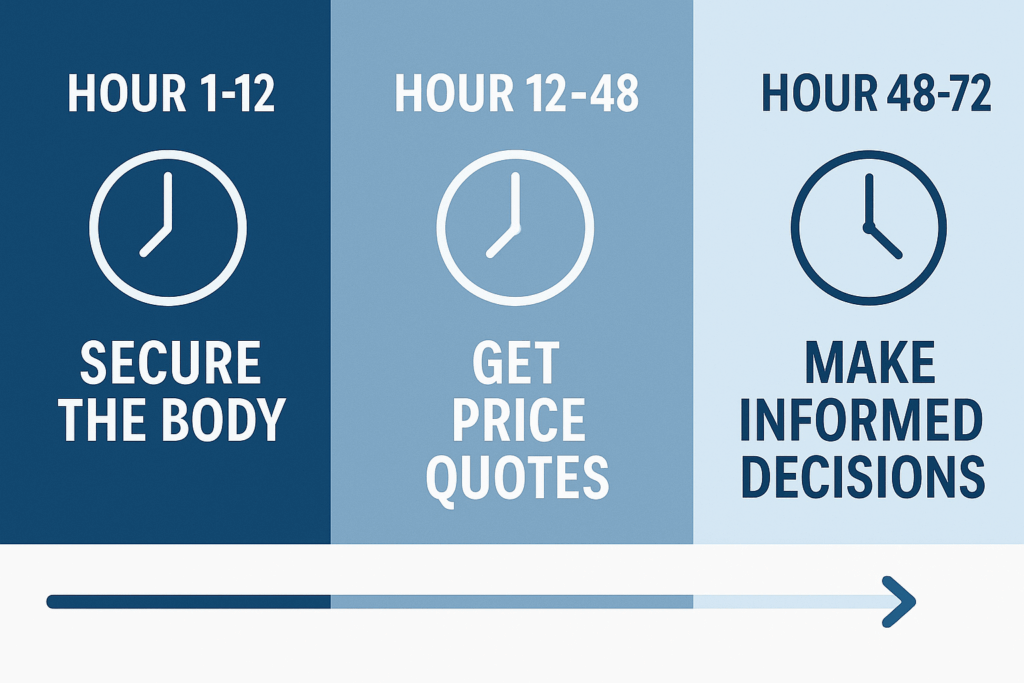 Timeline infographic showing the 72-hour funeral planning window with three phases for informed decision making