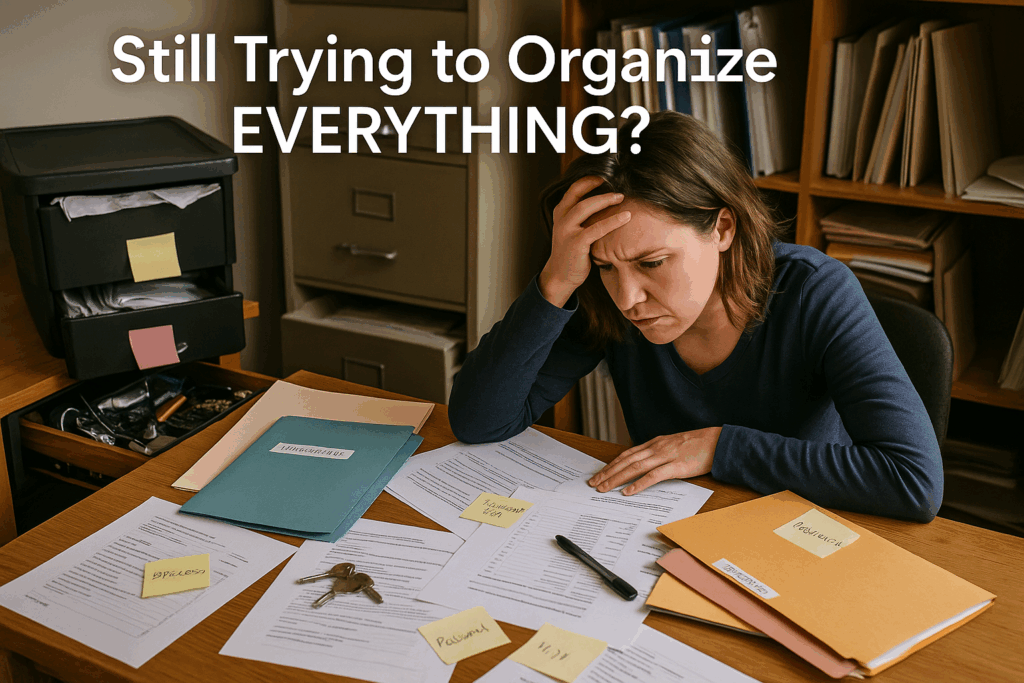 Person overwhelmed by disorganized estate documents and scattered paperwork showing the chaos of poor legacy planning