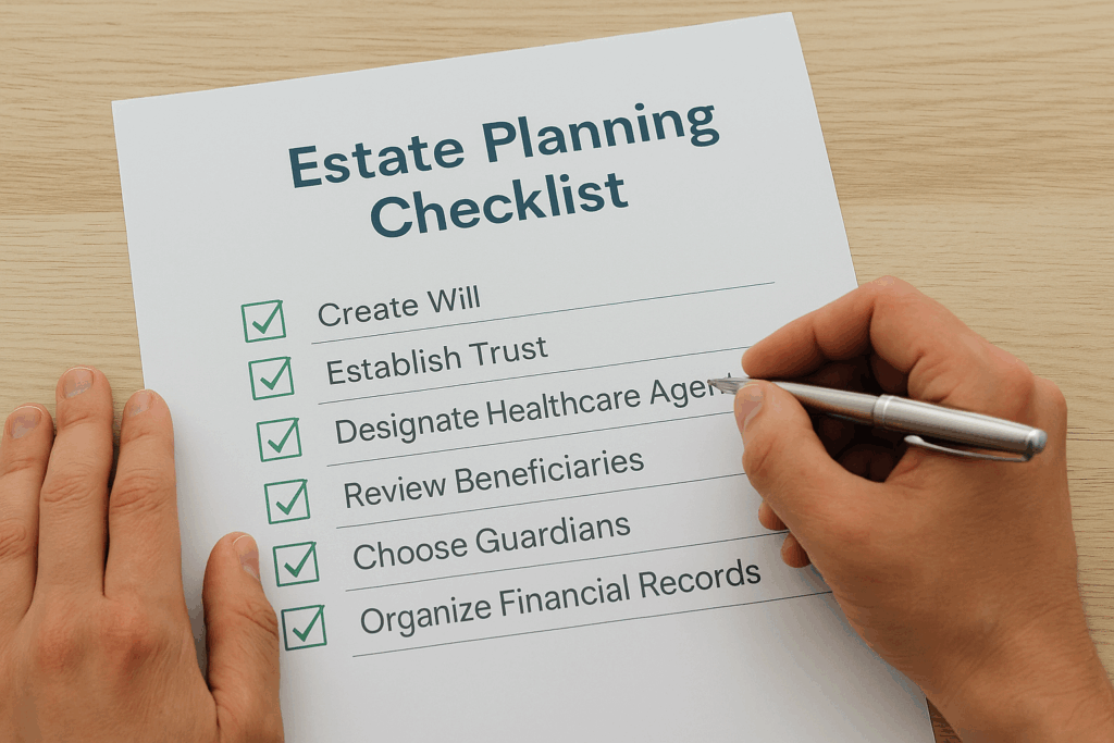 Estate planning checklist showing essential documents and tasks needed for comprehensive family protection plan