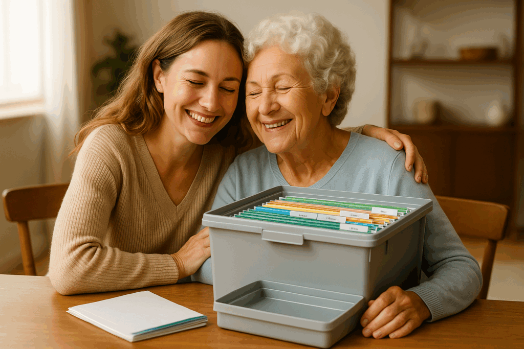 Adult daughter and elderly mother organizing estate planning documents together using Nokbox system, showing family peace of mind and preparedness