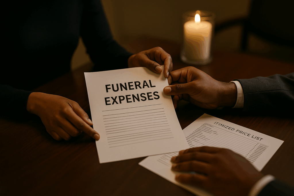 Diverse family reviewing funeral expenses and itemized price list with funeral director in office
