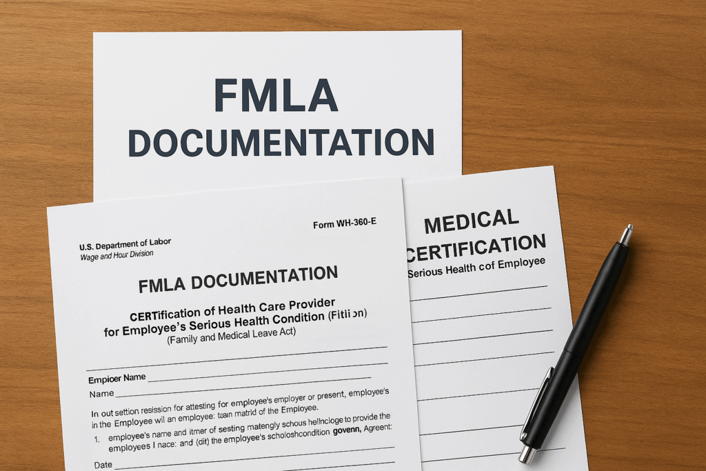 FMLA documentation including Form WH-380-E and medical certification paperwork on wooden desk with pen showing required legal forms for bereavement leave