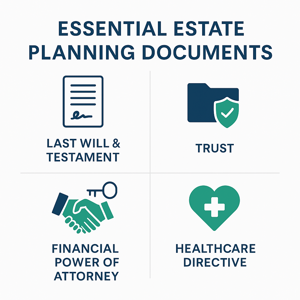 Infographic showing four essential estate planning documents: will, trust, financial power of attorney, and healthcare directive