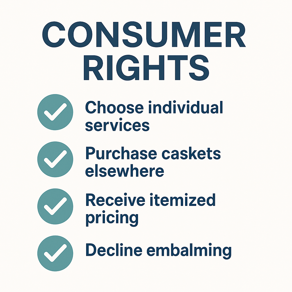 Checklist of consumer rights under the FTC Funeral Rule including pricing transparency and service selection