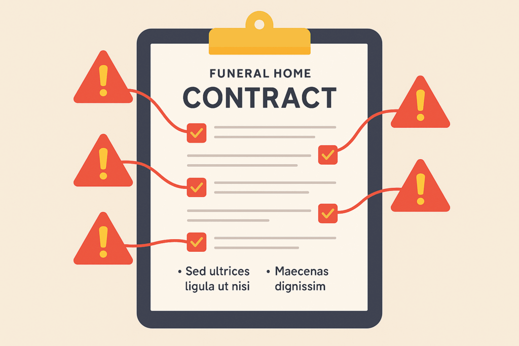 Funeral contract with red flag warning symbols highlighting concerning clauses and pressure tactics