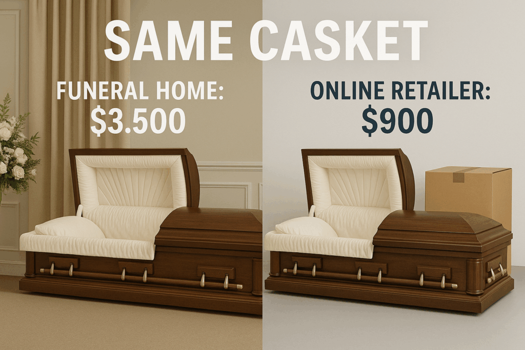 Side by side comparison showing identical casket priced at $3,500 from funeral home versus $900 online