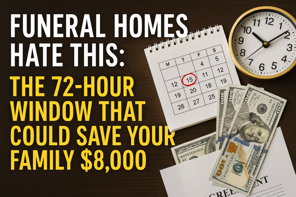 Calendar, clock, and cash symbolizing the 72-hour window to save on funeral costs