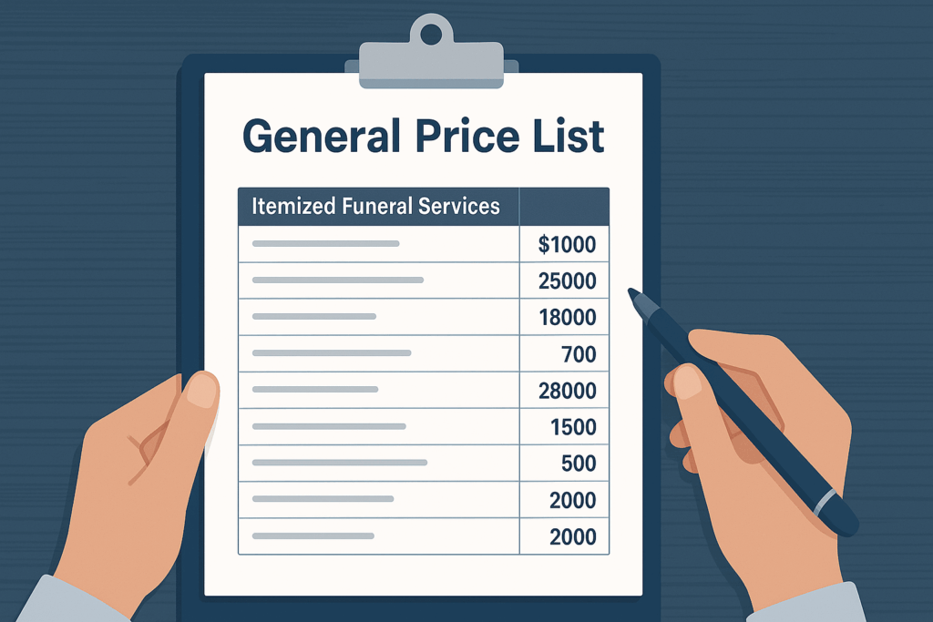 General Price List showing itemized funeral service pricing as required by FTC Funeral Rule