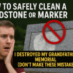 Man shocked and distressed after destroying grandfather's granite headstone memorial with wrong cleaning methods, showing damaged stone with prohibition symbol warning against unsafe headstone cleaning