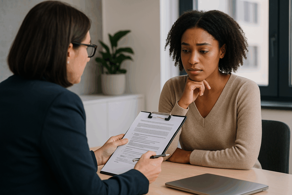 HR representative and employee having professional conversation across desk reviewing bereavement leave paperwork in supportive office setting