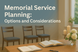 Peaceful memorial service setting with thoughtful arrangement suggesting meaningful gathering and remembrance