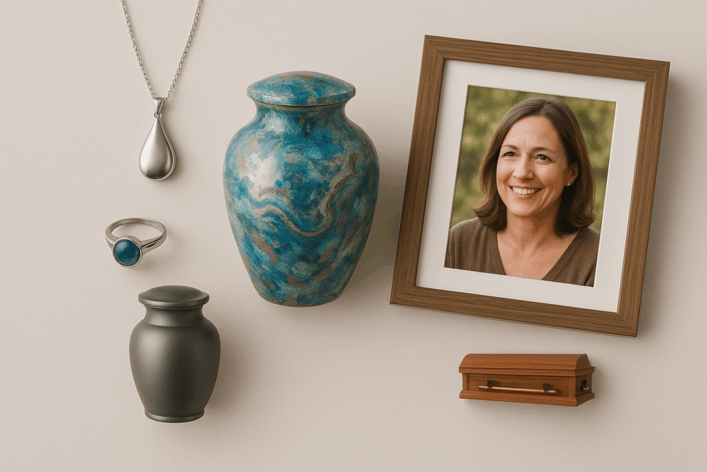 Elegant display of cremation jewelry, artistic urns, and memorial keepsakes on neutral background