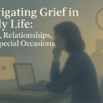 Contemporary image representing the challenge of navigating daily responsibilities like work and relationships while carrying grief and profound loss