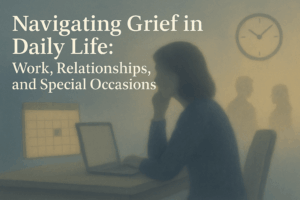 Contemporary image representing the challenge of navigating daily responsibilities like work and relationships while carrying grief and profound loss