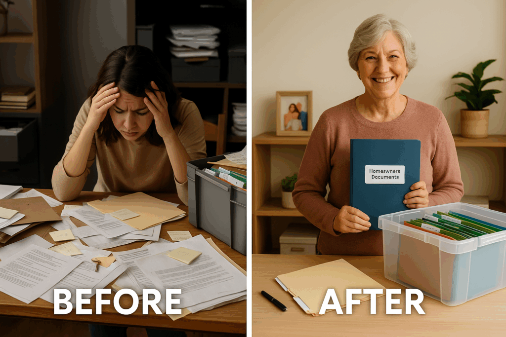 Before and after comparison showing transformation from disorganized estate chaos to organized Nokbox system with clear family planning