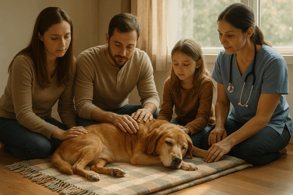 Peaceful home euthanasia setting with elderly dog on favorite blanket surrounded by loving family in comfortable familiar environment