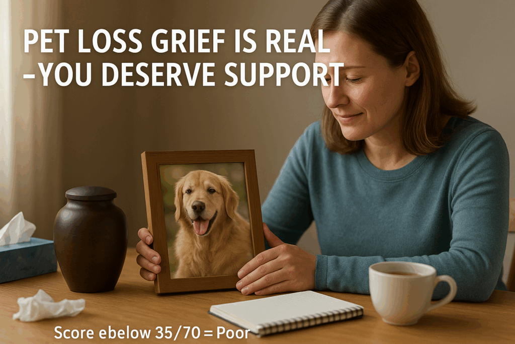 Person grieving loss of dog with photo and memorial urn showing need for pet loss grief counseling and support resources
