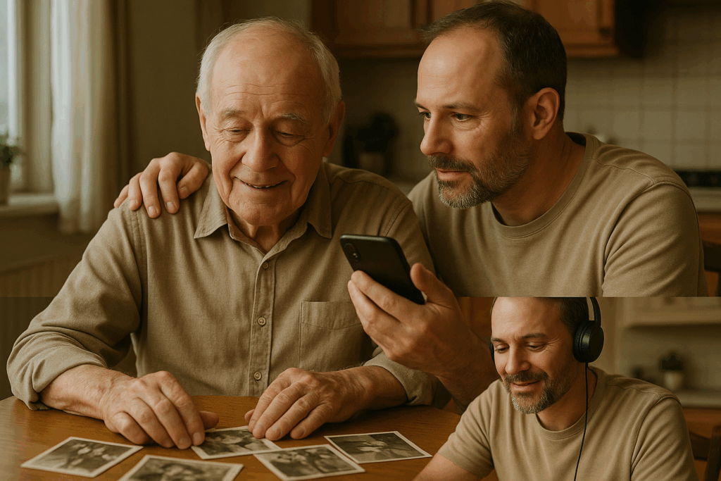 Adult son recording elderly father's stories and memories before Alzheimer's disease progresses, capturing family history while still possible