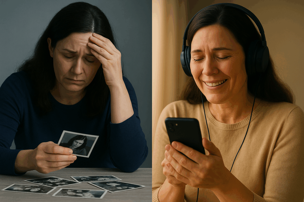 Split comparison showing woman with regret looking at old photos versus joy listening to recorded voice of deceased loved one