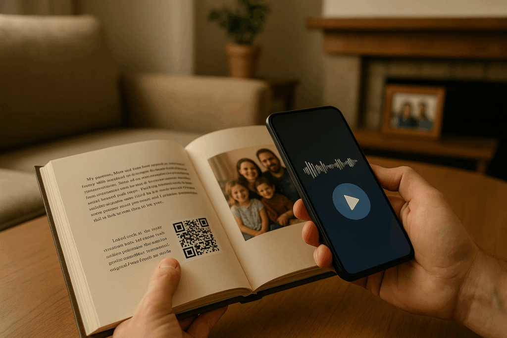 Remento hardcover memory book with QR codes linking to original voice recordings, allowing families to hear loved ones tell their stories
