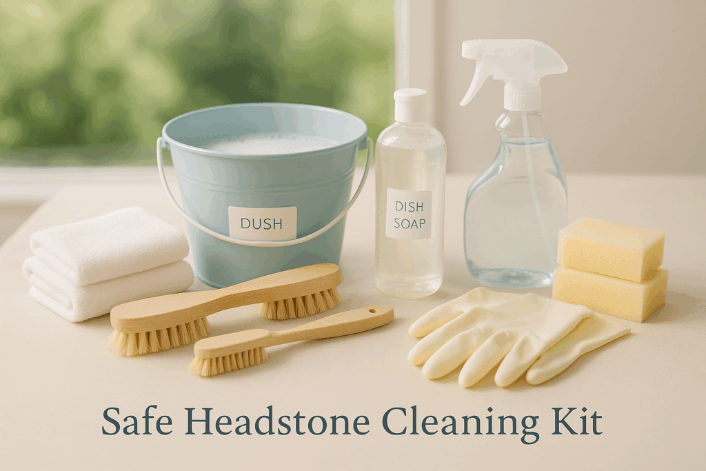 Safe headstone cleaning supplies including soft natural bristle brushes, mild dish soap, clean water buckets, microfiber cloths for gentle memorial marker maintenance