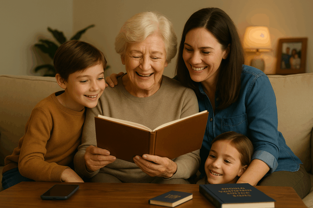 Three generations of family sharing memory book together, grandmother daughter and grandchild preserving family stories and legacy