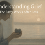 Contemplative artistic image representing early grief experience with soft lighting and gentle tones conveying the weight and reality of fresh loss