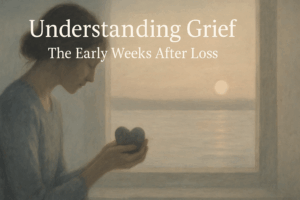 Contemplative artistic image representing early grief experience with soft lighting and gentle tones conveying the weight and reality of fresh loss