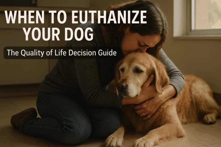 Pet owner embracing elderly golden retriever in vet office making difficult euthanasia decision with quality of life assessment guide