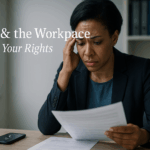 Professional woman in business suit looking distressed while reading document at office desk with hand on forehead showing workplace grief and stress
