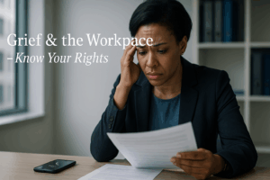 Professional woman in business suit looking distressed while reading document at office desk with hand on forehead showing workplace grief and stress