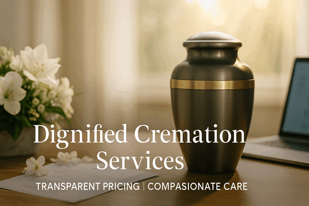 Peaceful cremation memorial with urn, flowers, and natural light representing dignified affordable services