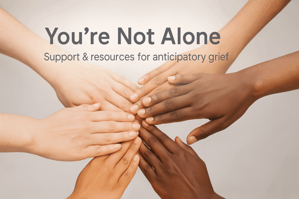 Circle of diverse hands representing community support for anticipatory grief