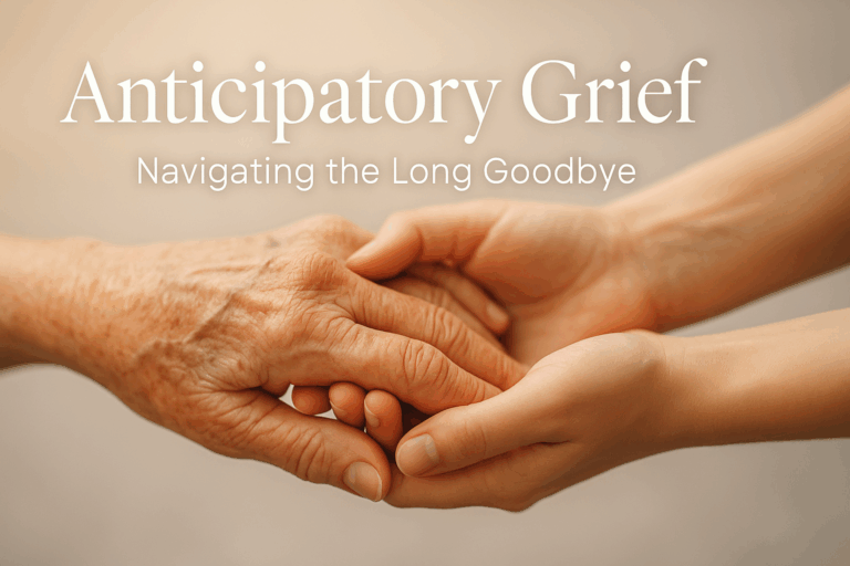 Two hands gently holding - representing anticipatory grief support during terminal illness caregiving