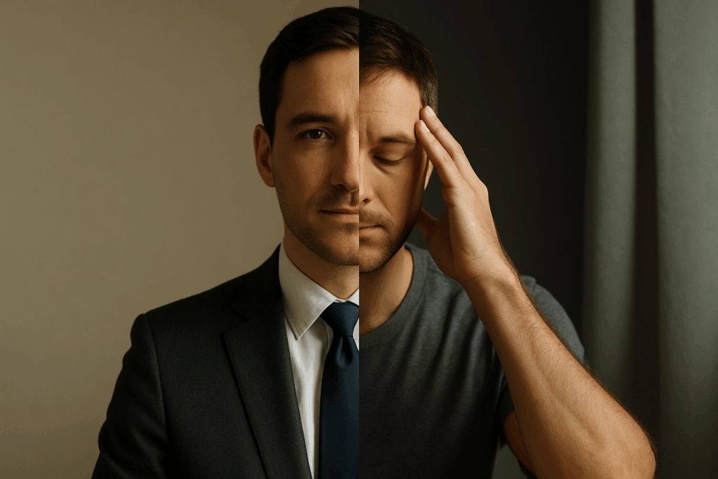 Artistic representation of public persona versus authentic self in legacy journaling vulnerability