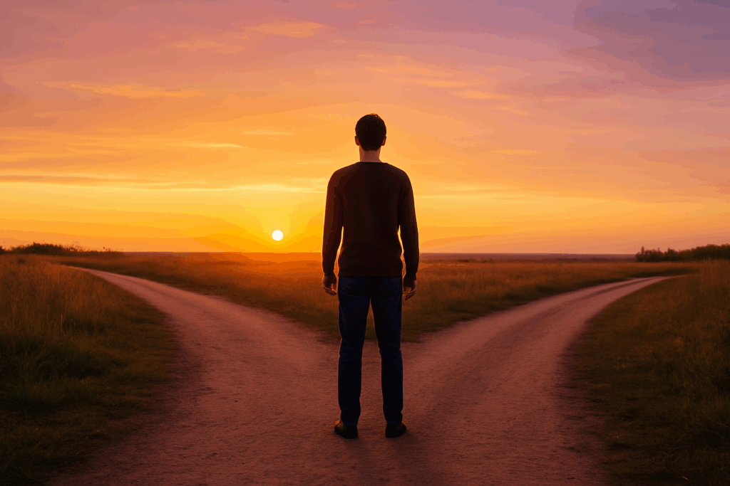 Person at crossroads looking toward open horizon representing transformation through difficult experiences