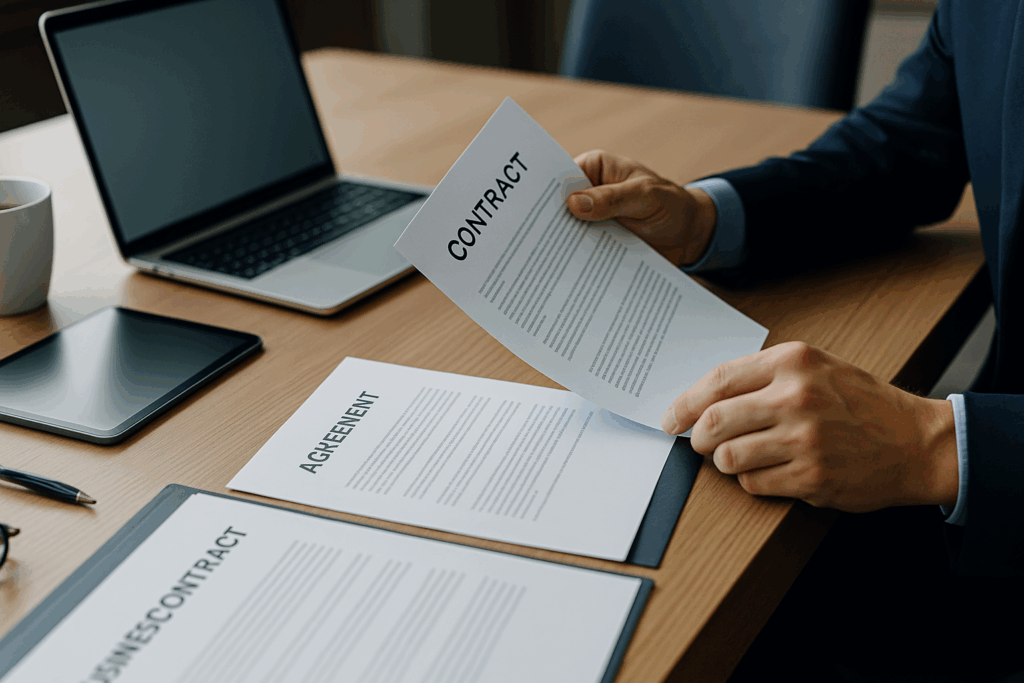 Business professional reviewing legal contracts and agreements on conference table