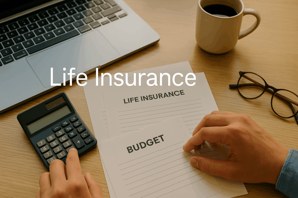 Person calculating life insurance coverage needs with calculator and budget documents