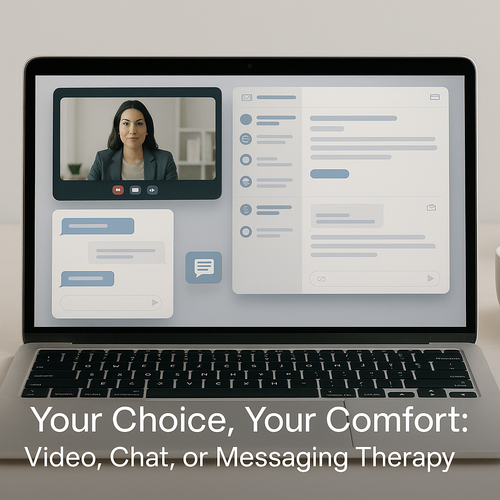 Multiple communication options for Calmerry therapy including video sessions, chat, and messaging