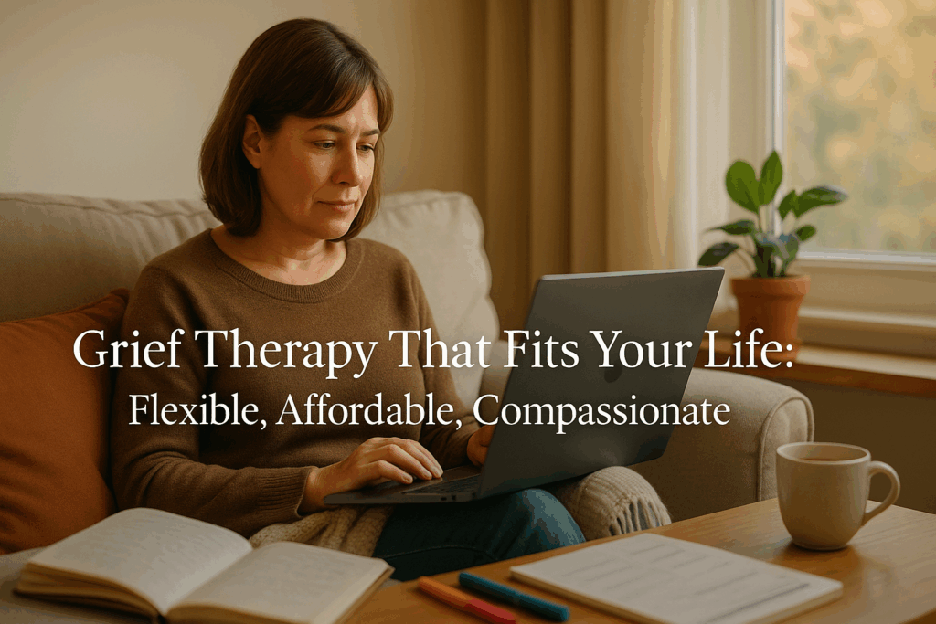 Person accessing Calmerry grief therapy from home through laptop or phone