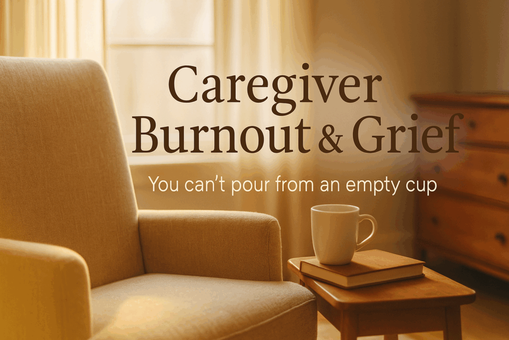 Empty chair in warm sunlight representing caregiver self-care during anticipatory grief