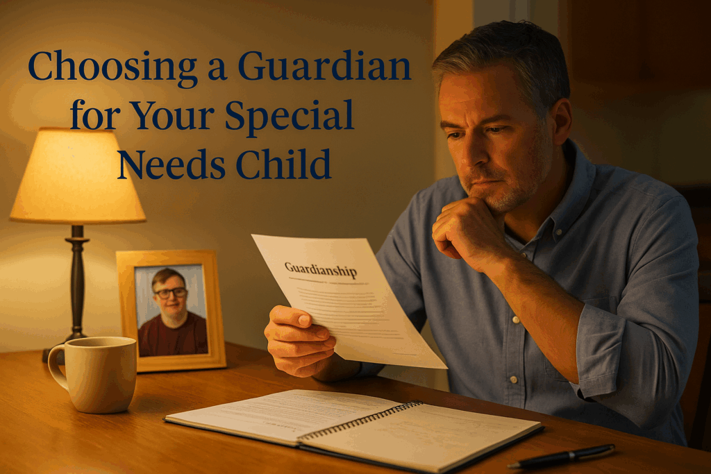 Parent reviewing guardianship documents while looking at photo of adult child with special needs