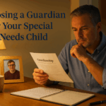Parent reviewing guardianship documents while looking at photo of adult child with special needs