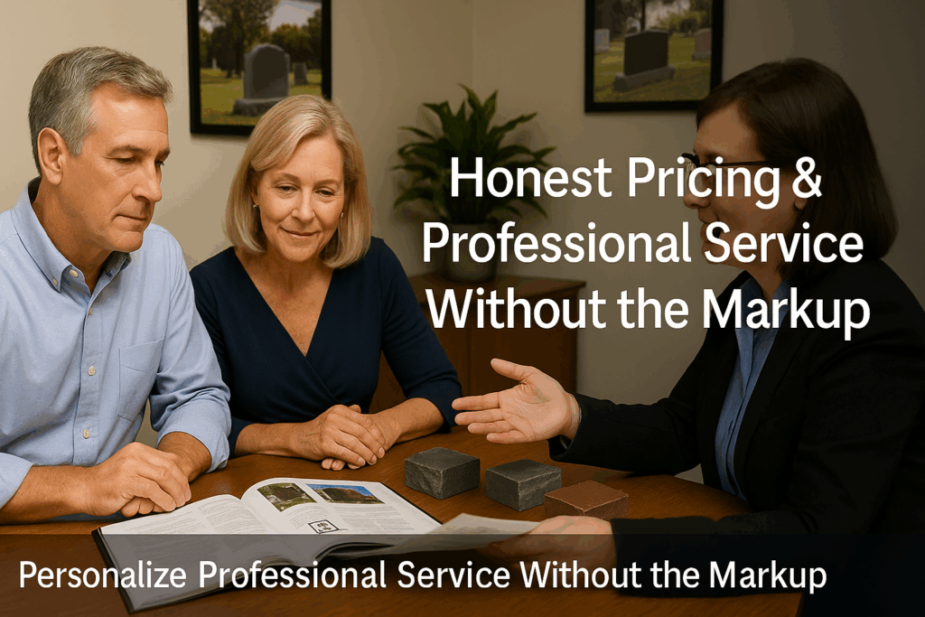 Family reviewing monument design options with Clear Stream representative showing transparent pricing