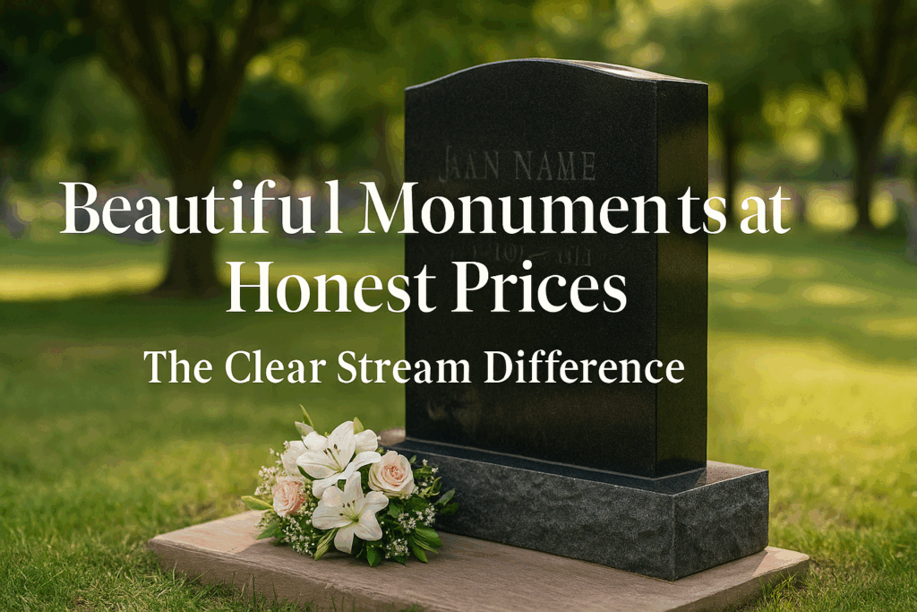 Beautiful polished granite upright monument from Clear Stream Monuments in peaceful cemetery setting