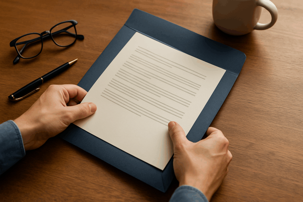 Hands placing completed will document in secure folder on desk