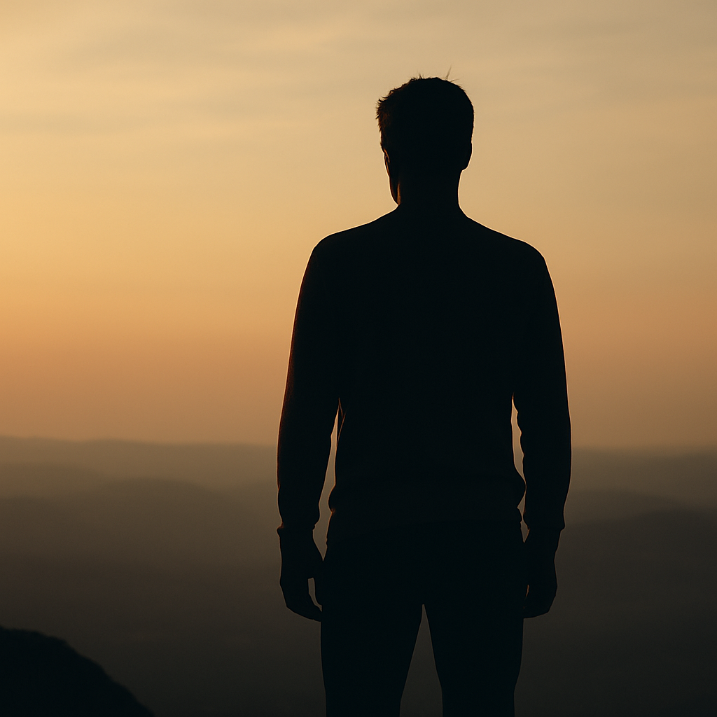 Person standing alone at cliff edge in contemplation representing courage and vulnerability in legacy writing