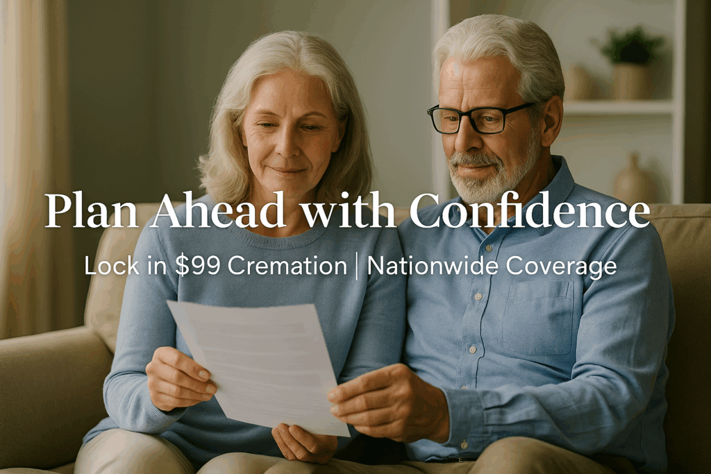 Couple planning cremation arrangements in advance showing confidence from locked-in nationwide pricing