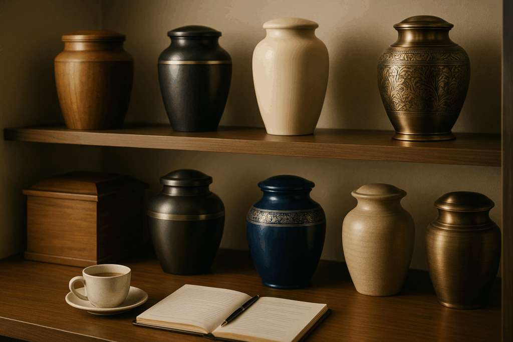 Variety of cremation urns in different materials and price ranges displayed tastefully