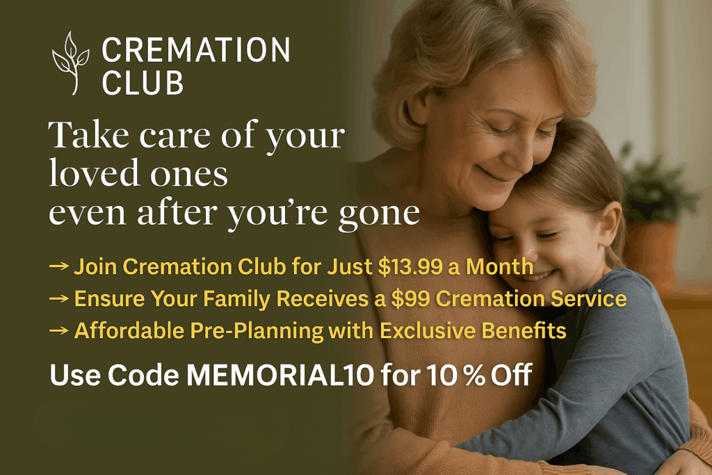 Elderly woman hugging her granddaughter with warm smiles, promoting Cremation Club’s affordable pre-planning membership for $13.99 a month, ensuring family peace of mind and $99 cremation coverage.